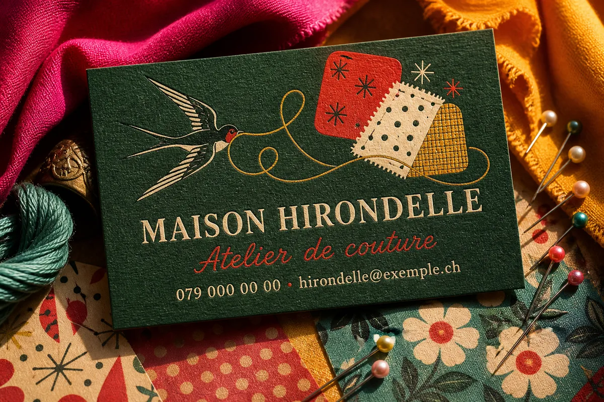 Carte de visite vintage en gros plan sur papier texturé vert bouteille avec effet letterpress et ornement d'hirondelle - illustration des codes typographiques rétro