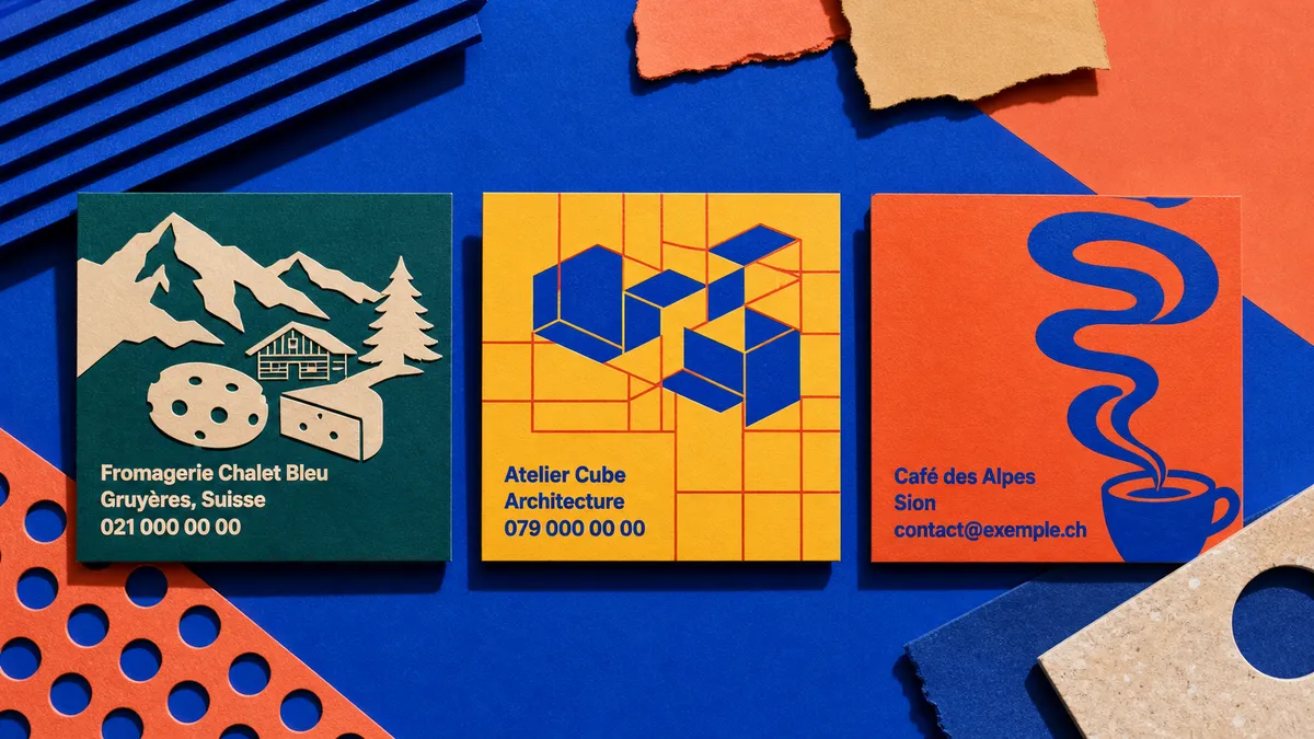 Trois cartes de visite colorées côte à côte, dessinées pour une fromagerie, un architecte et un café - carte de visite personnalisée par métier