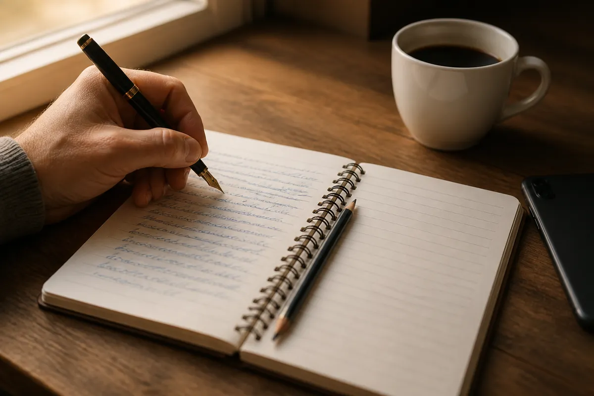 Main écrivant au stylo plume sur un carnet ouvert, tasse de café et téléphone posé face contre bois - contact atelier carte de visite