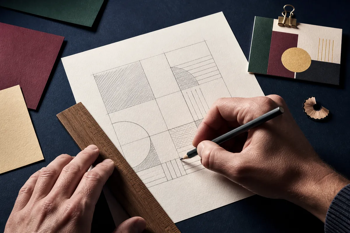 Mains traçant une grille de mise en page au crayon et à la règle, échantillons de couleur autour - étape de création carte de visite