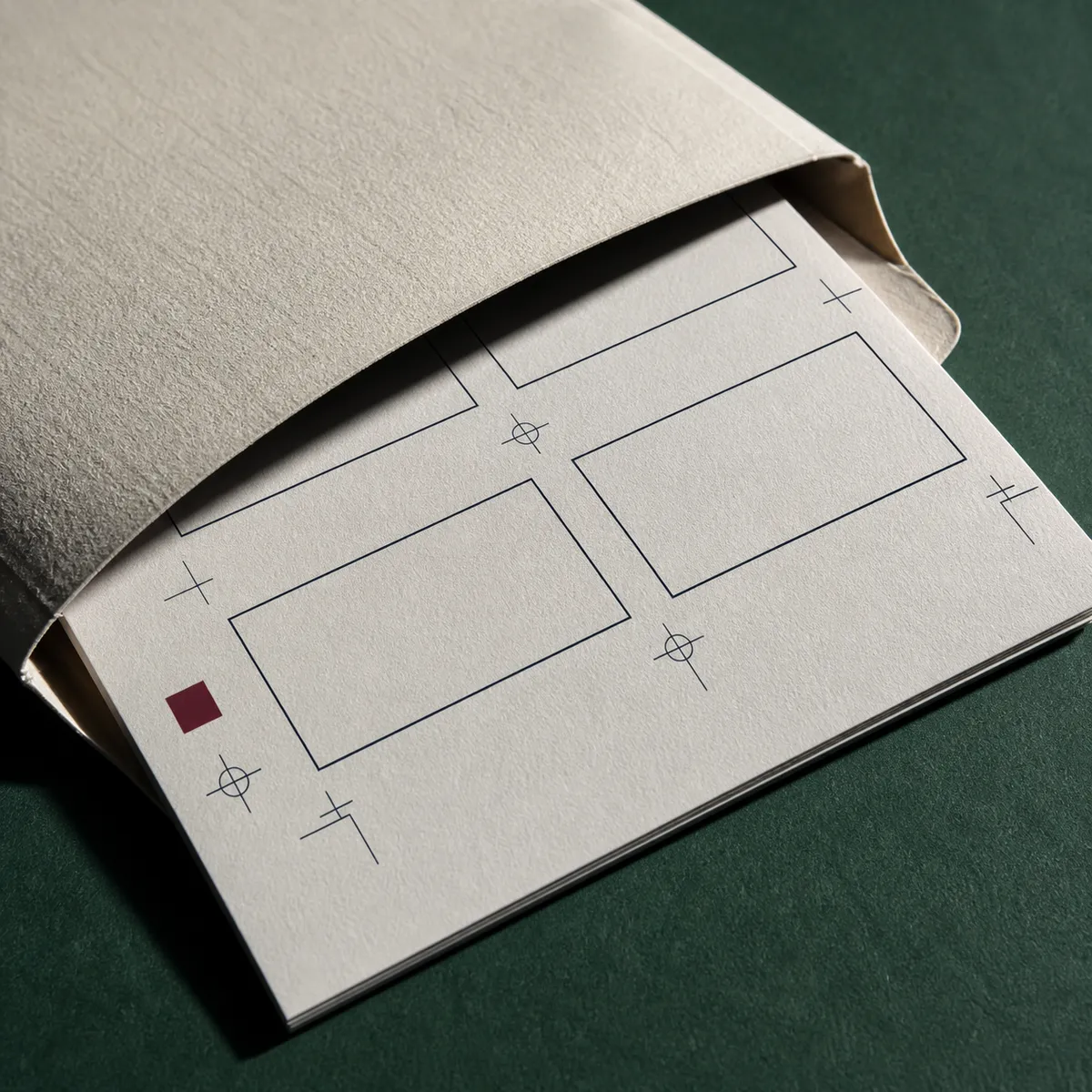 Feuille d'épreuve avec repères de coupe sortant à moitié d'une enveloppe papier - récupération du fichier carte de visite
