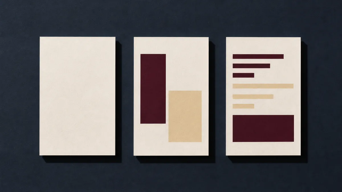 Trois cartes de visite alignées montrant la progression du modèle vierge à la carte composée par blocs de couleur - étapes de création accueil