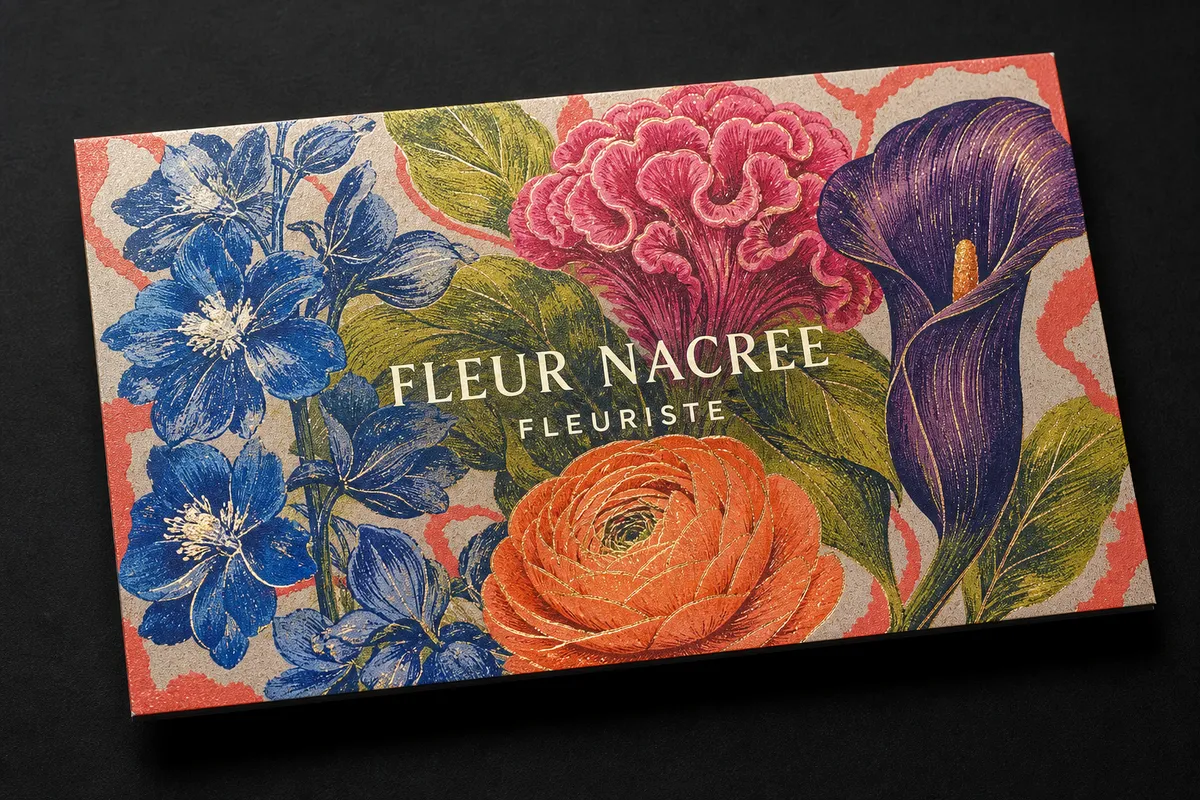 Carte de visite botanique à fleurs dessinées et dorure nacrée, posée sur un fond clair - exemple de carte de visite