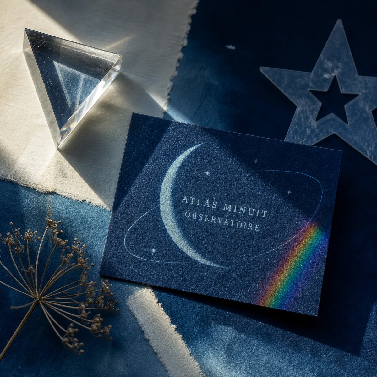 Carte de visite en cyanotype bleu nuit avec une lune en réserve blanche, une seule encre - modèle de carte de visite