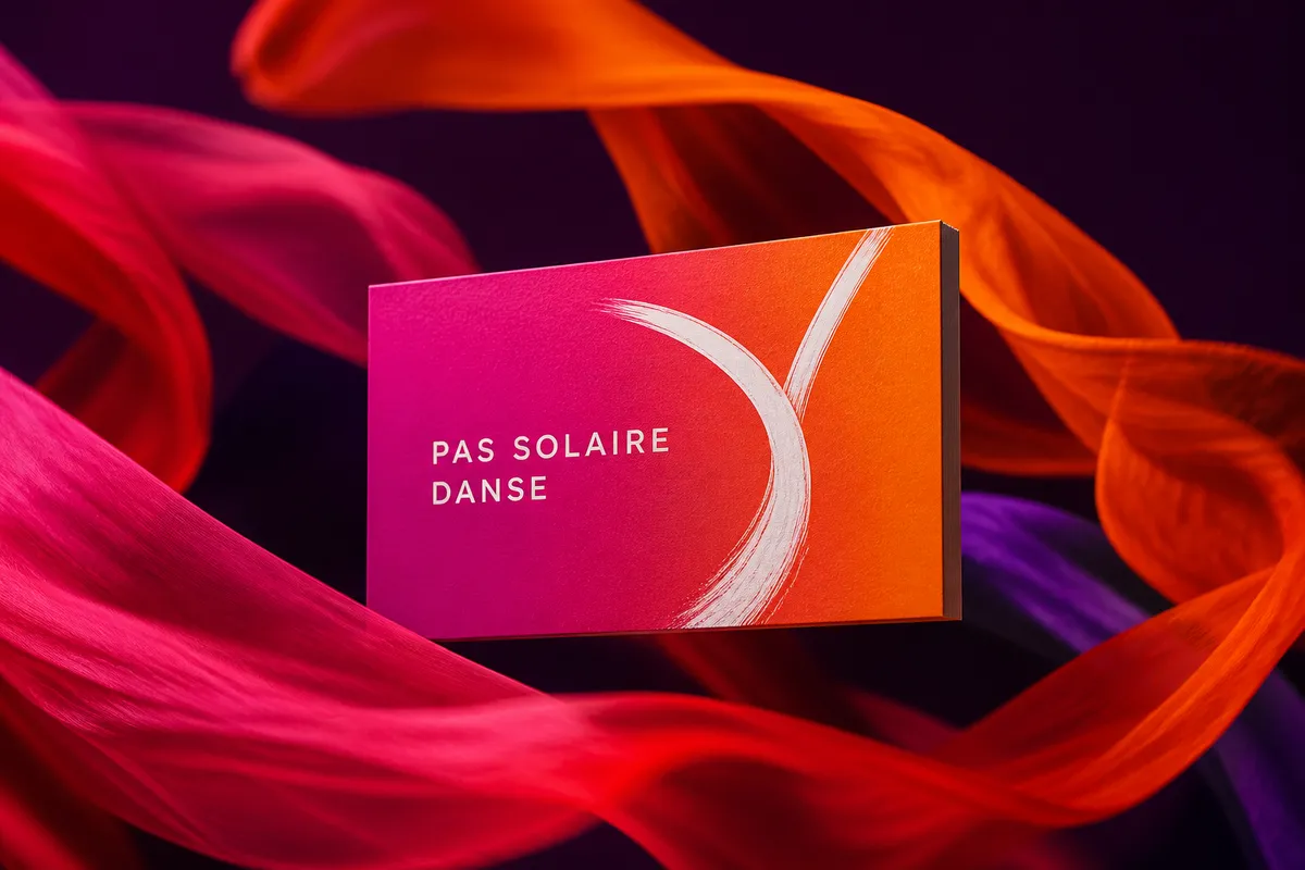 Carte de visite en dégradé rose et orange avec un coup de pinceau blanc, entourée de voiles de tissu colorés - design de carte de visite