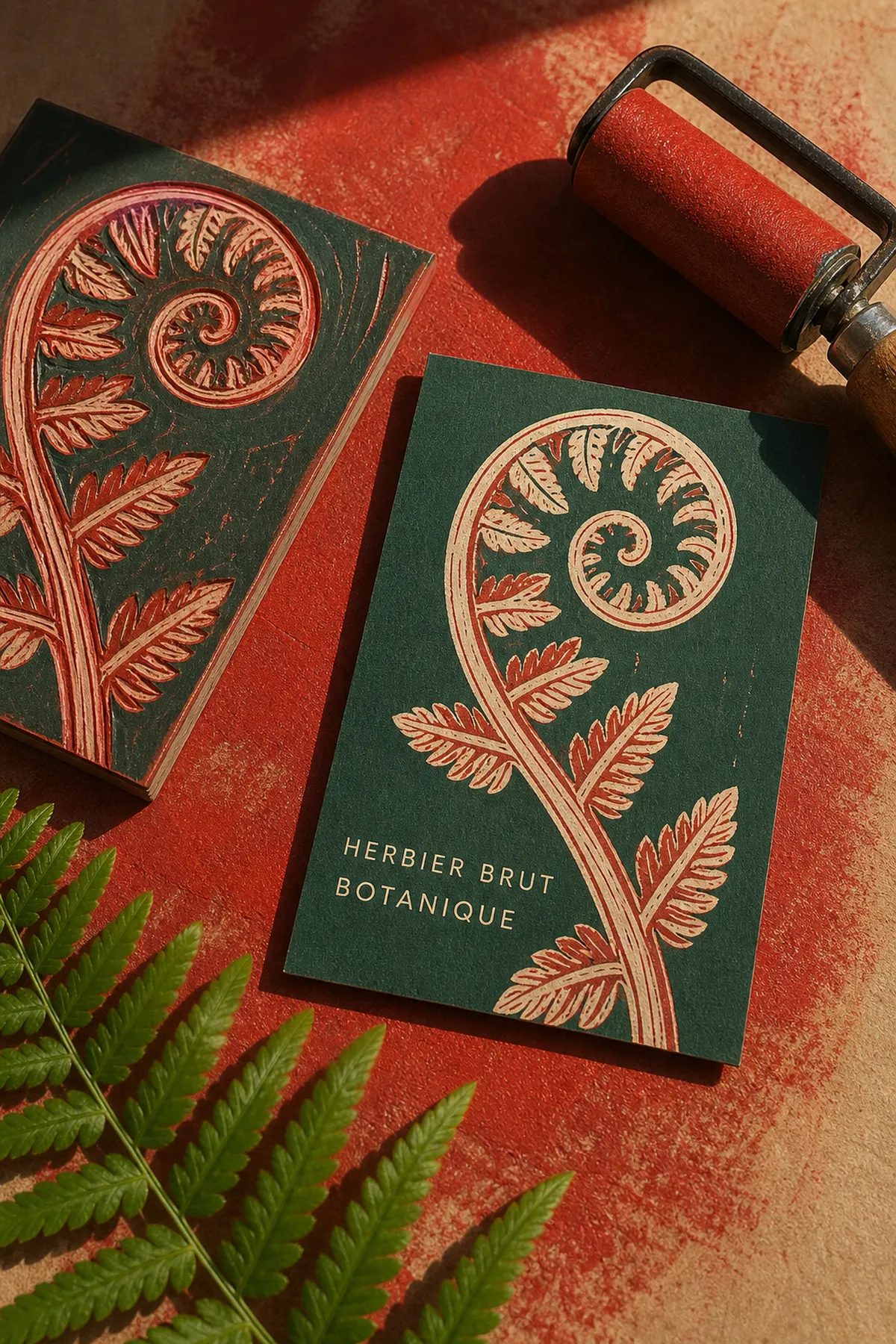 Carte de visite en linogravure verte à motif de fougère, une seule encre sur papier épais - modèle de carte à personnaliser