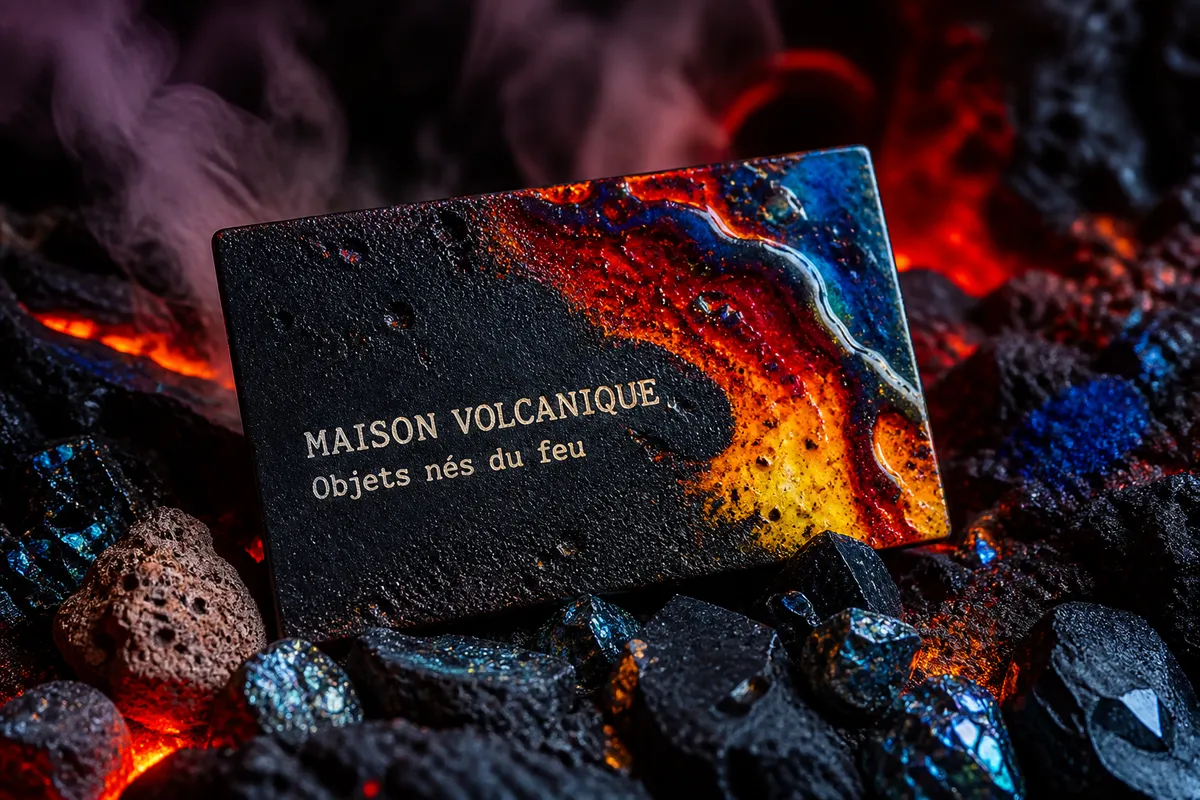 Carte de visite noire texturée à lettrage doré, dont un angle vire au rouge, à l'orange et au bleu comme une coulée de lave, posée sur des braises - carte de visite moderne