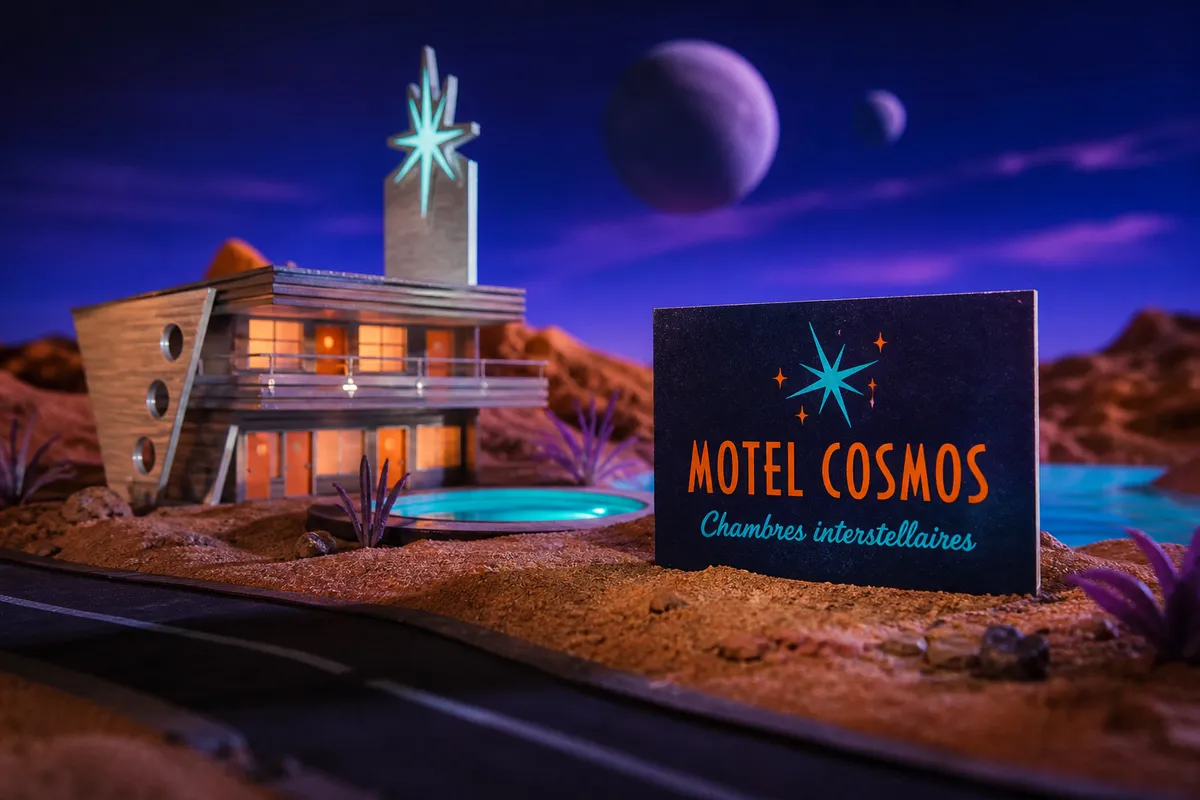 Carte de visite bleu nuit à étoile turquoise et lettrage orange, plantée dans un décor miniature de motel sur un sol rouge sous un ciel violet - carte de visite originale