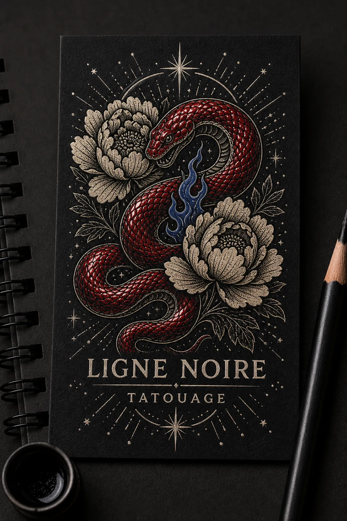 Carte de visite noire à serpent rouge et pivoines dorées, illustration de style tatouage sur papier mat - design de carte de visite