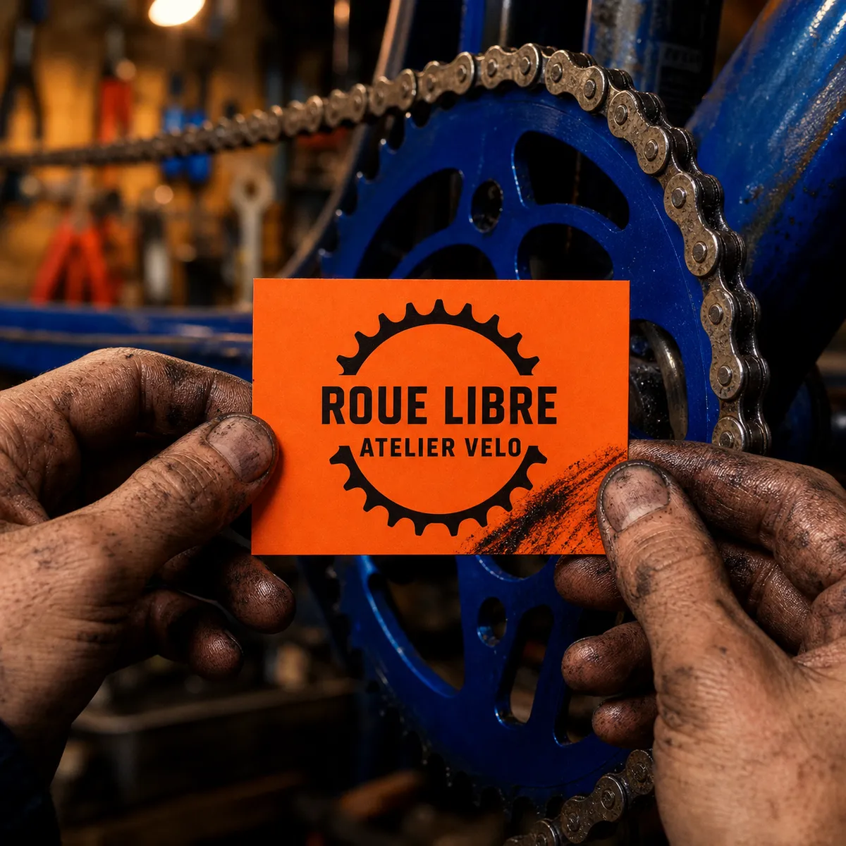 Carte de visite orange vif à pignon de vélo dessiné au trait, recto informatif et verso en aplat - carte de visite recto verso