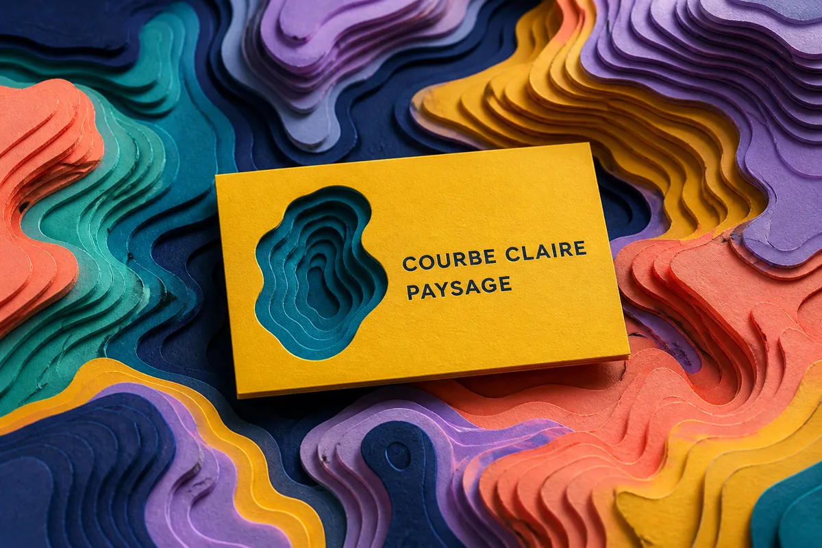 Carte de visite jaune en papier découpé formant des courbes de niveau superposées, très peu de texte - petit format de carte de visite