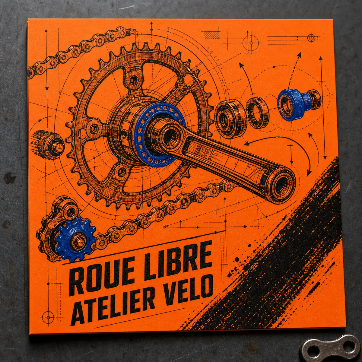 Carte de visite en plan technique orange, cotes et repères de tracé apparents comme sur un plan d'atelier - format de carte de visite