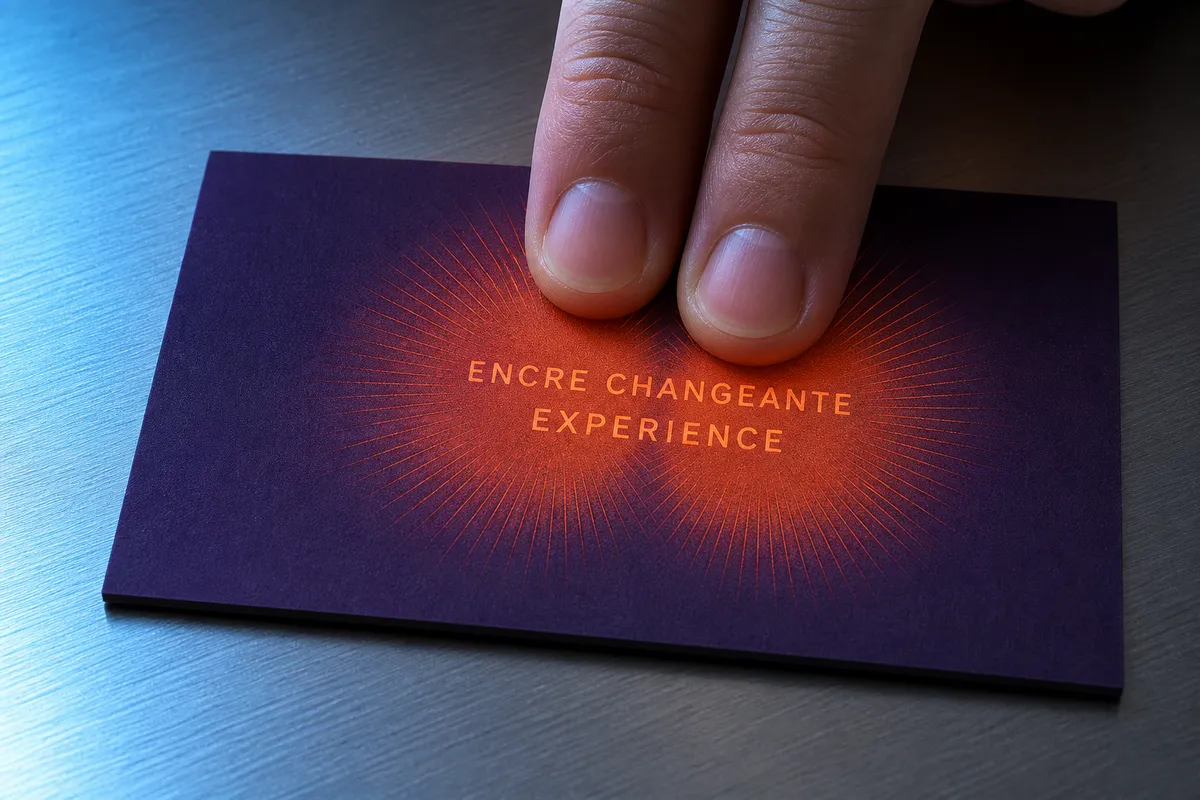 Carte de visite violette à encre thermochromique révélant un halo orange sous la chaleur du doigt - carte de visite créée en ligne