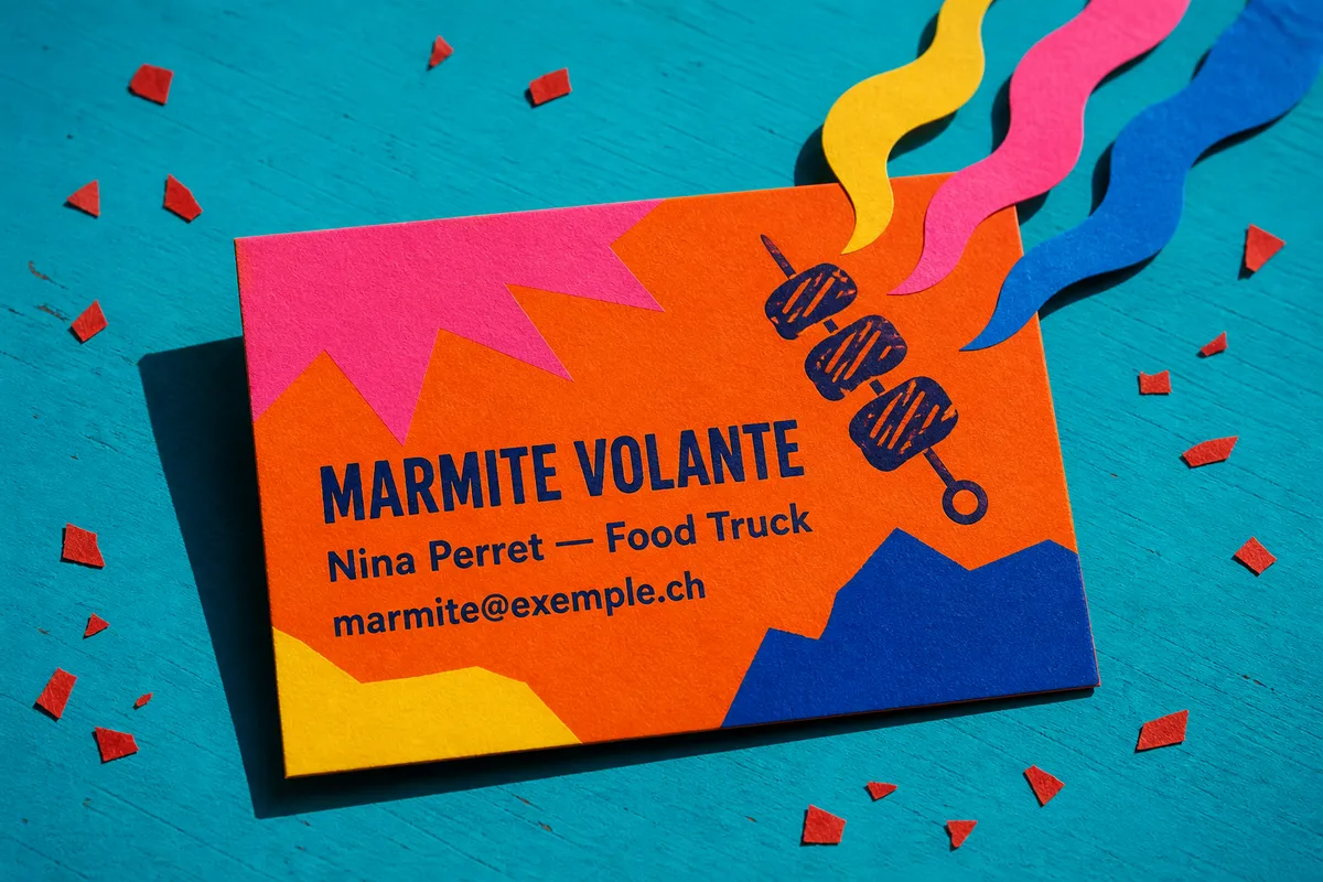 Carte de visite orange et turquoise avec icône de brochette pour un food truck - exemple carte de visite style coloré