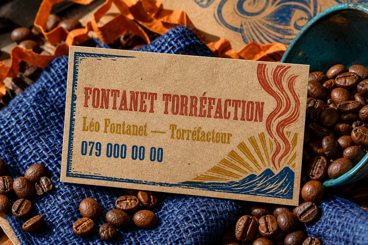 Carte de visite artisanale couleur terracotta posée sur toile de jute avec grains de café - exemple carte de visite torréfacteur