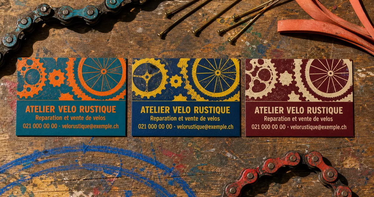 Trois variantes de couleur personnalisées d'une même carte de visite générée par IA pour un atelier de vélo fictif, coins nets, posées côte à côte - illustration de la personnalisation après génération