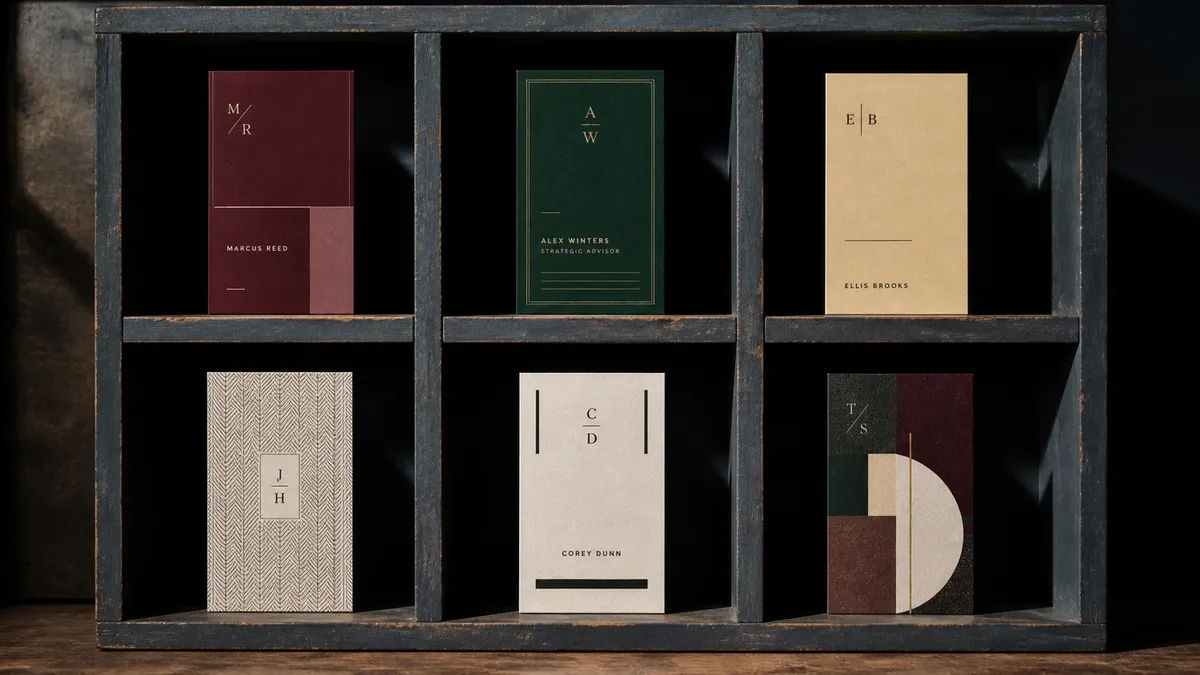 Casiers en bois compartimentés contenant chacun un modèle de carte de visite à la couleur différente - classement des modèles par métier