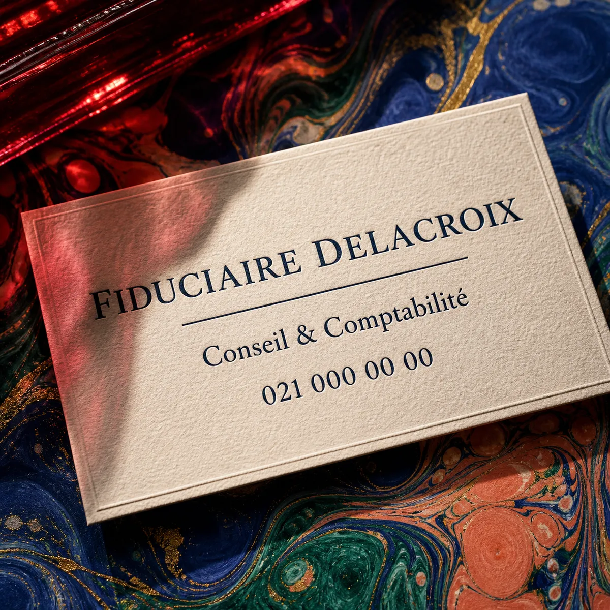 Gros plan sur une carte de visite crème avec liseré bleu marine pour un cabinet fiduciaire - exemple modèle sobre