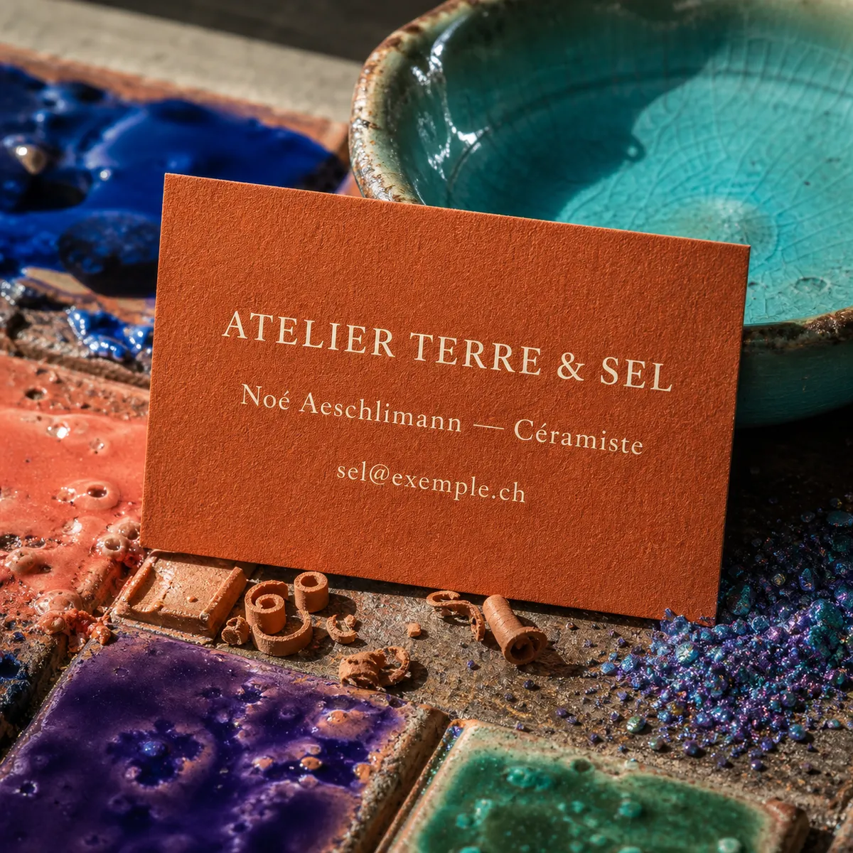 Gros plan sur une carte de visite terracotta près d'un bol en céramique glaçure turquoise - exemple modèle gratuit personnalisable