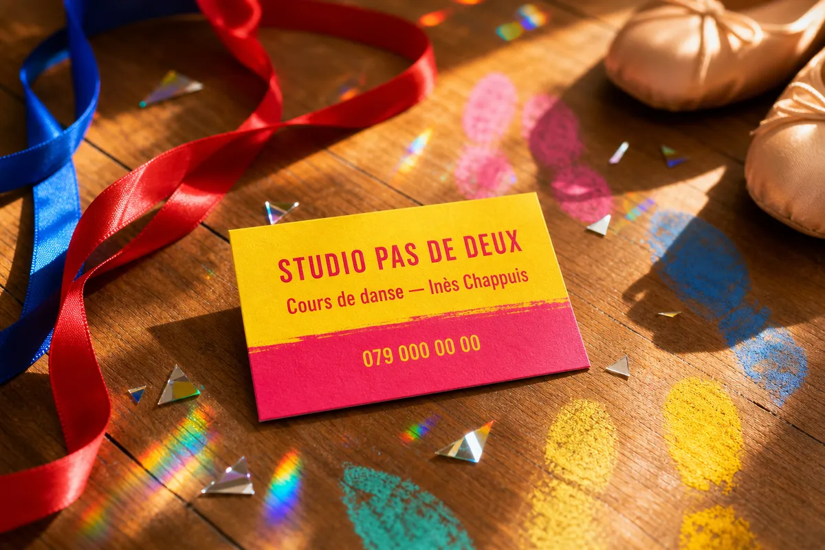 Carte de visite jaune et rose posée sur un parquet de studio de danse - exemple modèle gratuit personnalisable