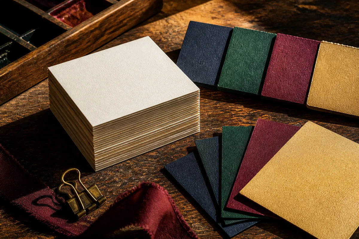 Pile de cartes vierges en deux teintes de papier posée près d'un nuancier - choix du papier pour l'impression d'une carte de visite